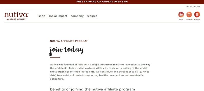 screenshot of the affiliate sign up page for Nutiva