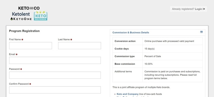 screenshot of the affiliate sign up page for Omni Keto