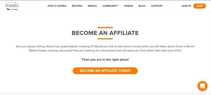 screenshot of the affiliate sign up page for Once A Month Meals