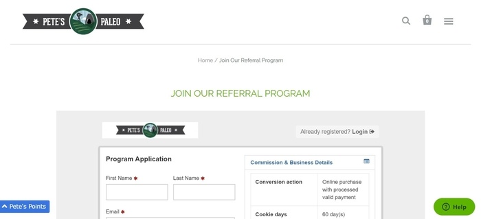 screenshot of the affiliate sign up page for Pete's Paleo