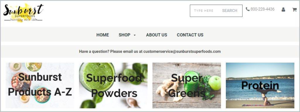 screenshot of SunburstSuperfoods.com homepage