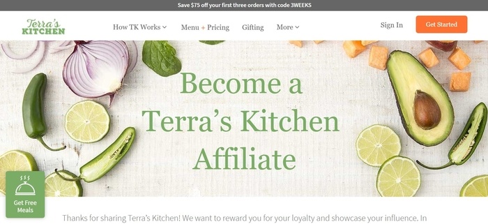 screenshot of the affiliate sign up page for Terra's Kitchen