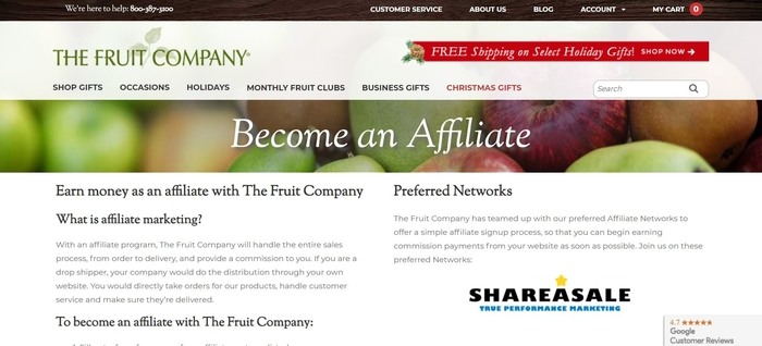 screenshot of the affiliate sign up page for The Fruit Company