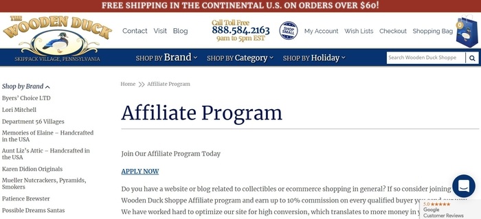 screenshot of the affiliate sign up page for The Wooden Duck Shoppe