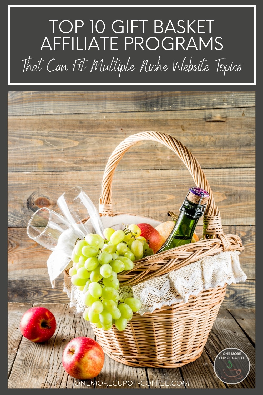 gift basket with wine, wine bottles, green grapes, and a couple of red apples beside it; with text overlay at the top "Top 10 Gift Basket Affiliate Programs That Can Fit Multiple Niche Website Topics"