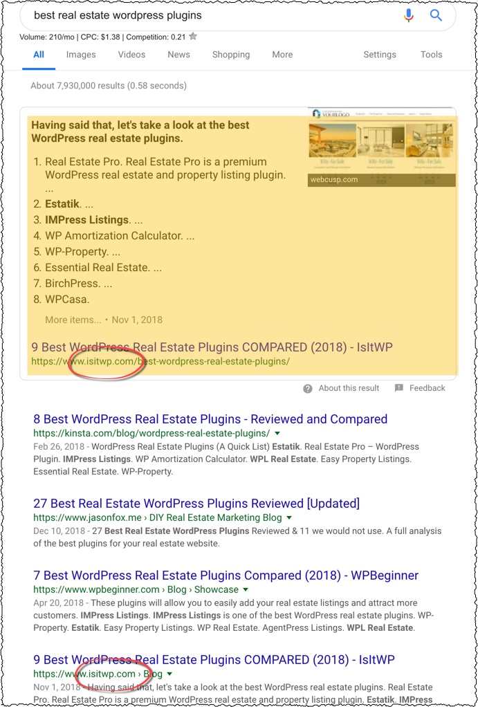 google screenshot showing a website ranked on the top of the page for a bullet list, but the actual website is spot #3 in search engines