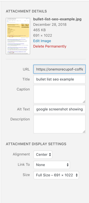 screenshot of WordPress image SEO information