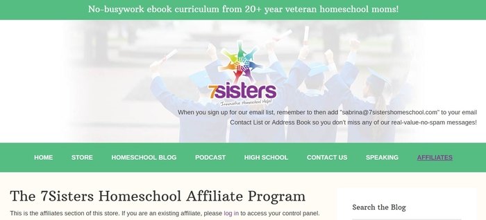 screenshot of the affiliate sign up page for 7Sisters