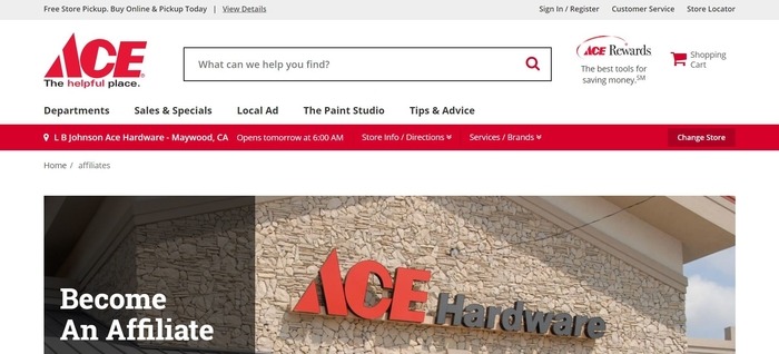 screenshot of the affiliate sign up page for Ace Hardware