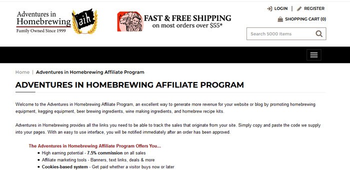 Adventures in Homebrewing Website Screenshot showing details about the affiliate program and what it offers