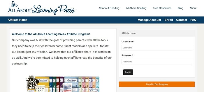 screenshot of the affiliate sign up page for All About Learning Press