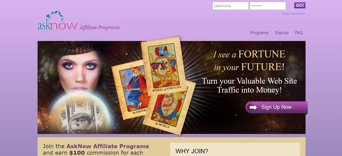 screenshot of the affiliate sign up page for AskNow