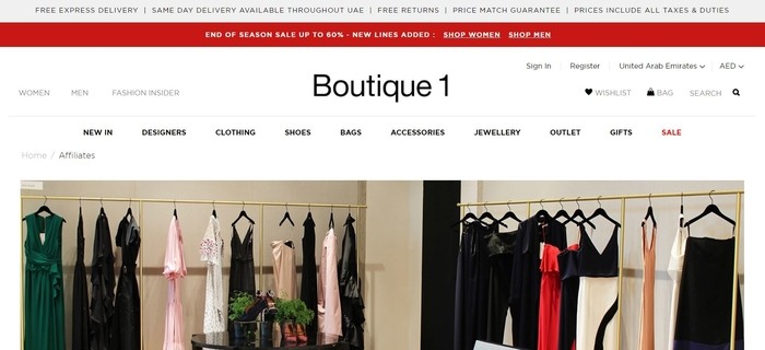 screenshot of the affiliate sign up page for Boutique 1