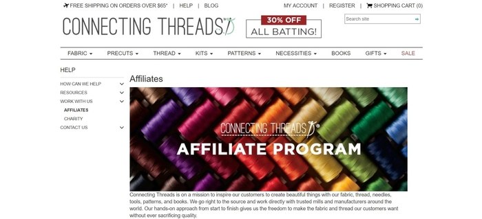 screenshot of the affiliate sign up page for Connecting Threads