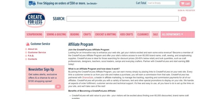 screenshot of the affiliate sign up page for CreateForLess