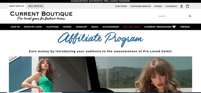 screenshot of the affiliate sign up page for Current Boutique