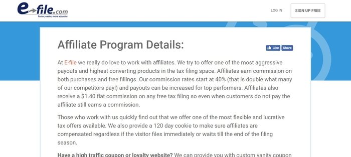 screenshot of the affiliate sign up page for E-file