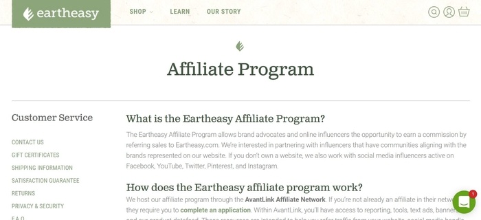 screenshot of the affiliate sign up page for Eartheasy