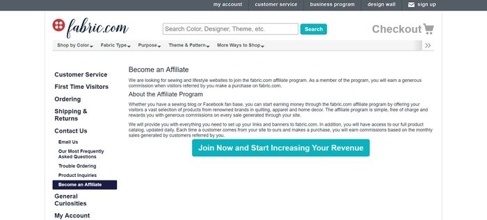 screenshot of the affiliate sign up page for Fabric.com