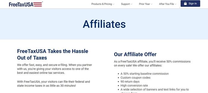 screenshot of the affiliate sign up page for FreeTaxUSA