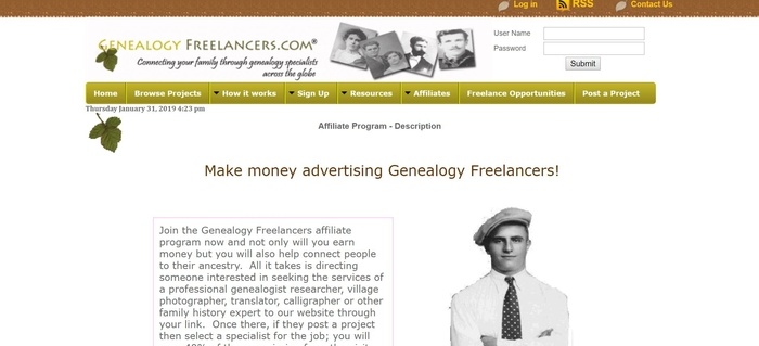 screenshot of the affiliate sign up page for Genealogy Freelancers