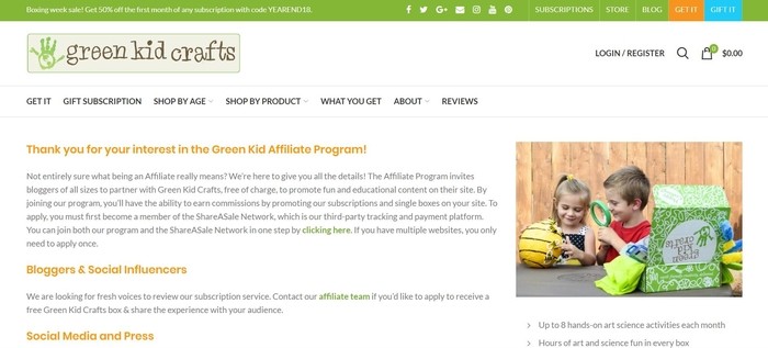 screenshot of the affiliate sign up page for Green Kid Crafts