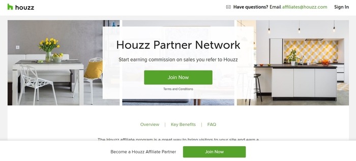 screenshot of the affiliate sign up page for Houzz