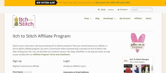 screenshot of the affiliate sign up page for Itch to Stitch