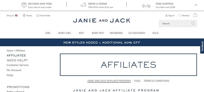 screenshot of the affiliate sign up page for Janie and Jack