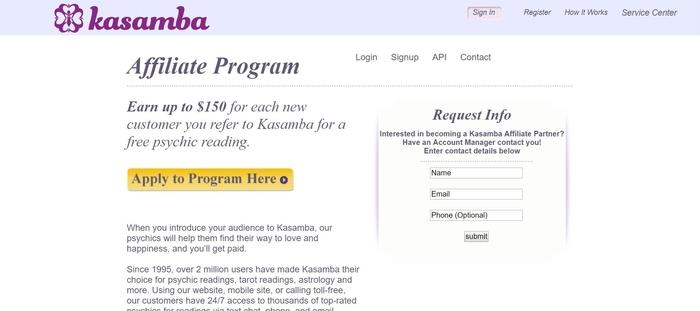 screenshot of the affiliate sign up page for Kasamba