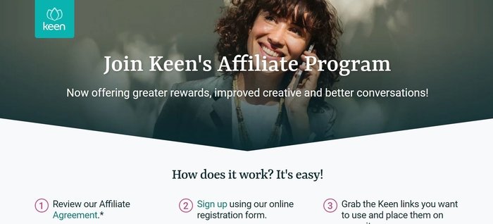 screenshot of the affiliate sign up page for Keen