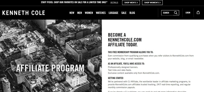 screenshot of the affiliate sign up page for Kenneth Cole