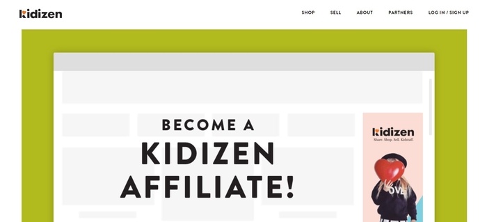 screenshot of the affiliate sign up page for Kidizen