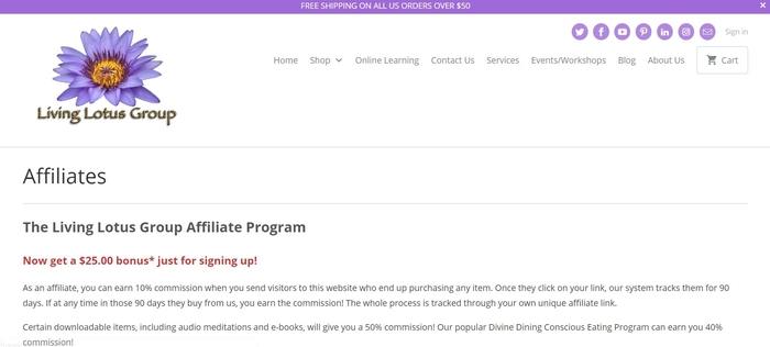 screenshot of the affiliate sign up page for Living Lotus Group