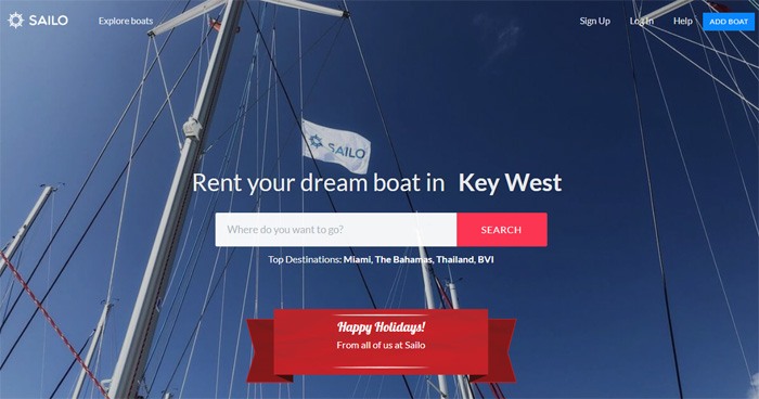 Sailo website screenshot showing a boat and blue sky