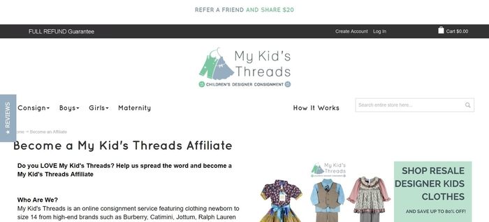 screenshot of the affiliate sign up page for My Kid's Threads