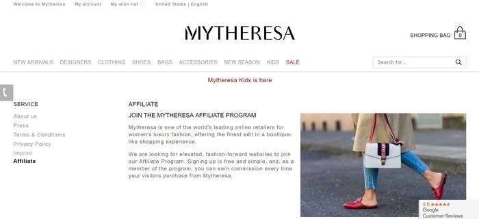 screenshot of the affiliate sign up page for Mytheresa