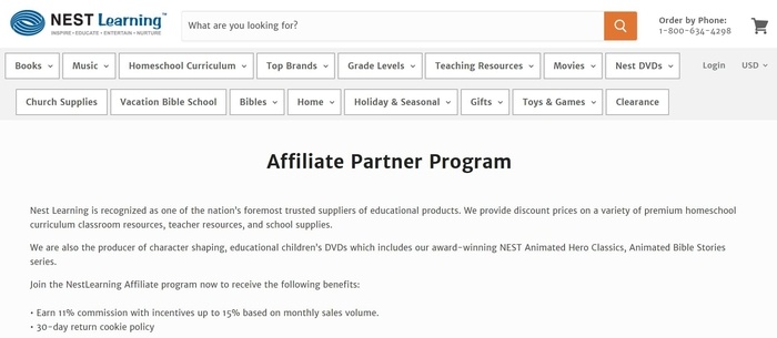 screenshot of the affiliate sign up page for Nest Learning