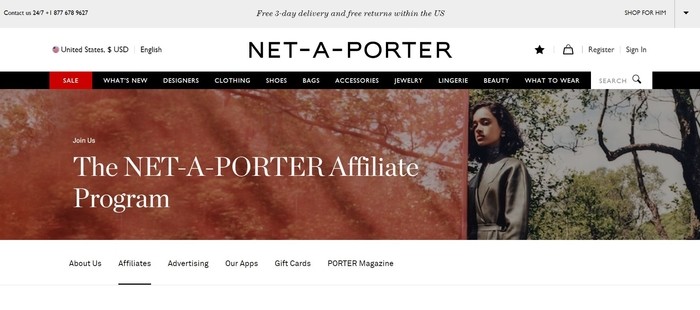 screenshot of the affiliate sign up page for Net-A-Porter