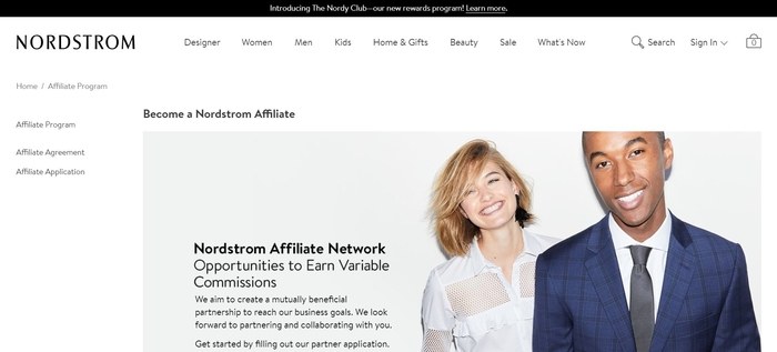 screenshot of the affiliate sign up page for Nordstrom