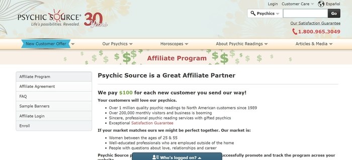 screenshot of the affiliate sign up page for Psychic Source