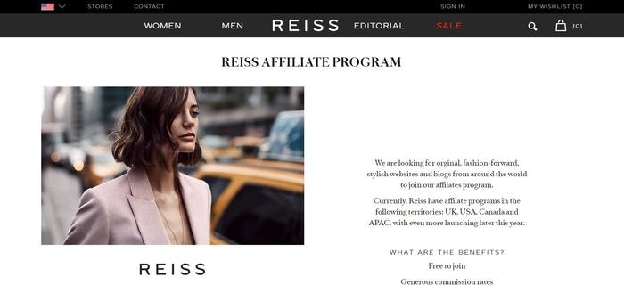 screenshot of the affiliate sign up page for Reiss