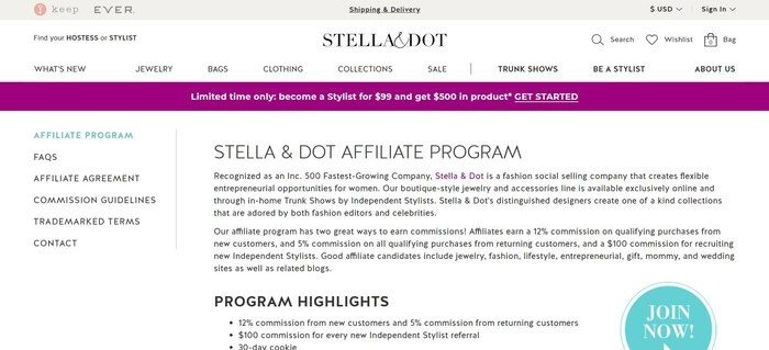 screenshot of the affiliate sign up page for Stella & Dot