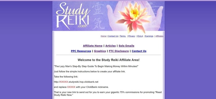 screenshot of the affiliate sign up page for Study Reiki