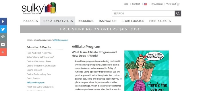 screenshot of the affiliate sign up page for Sulky of America