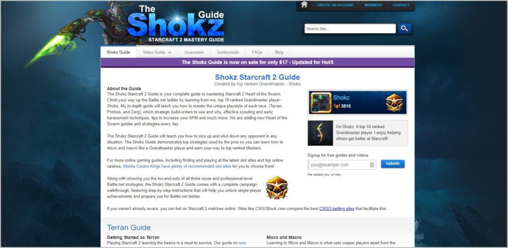 screenshot of The Shokz Starcraft 2 Guide homepage