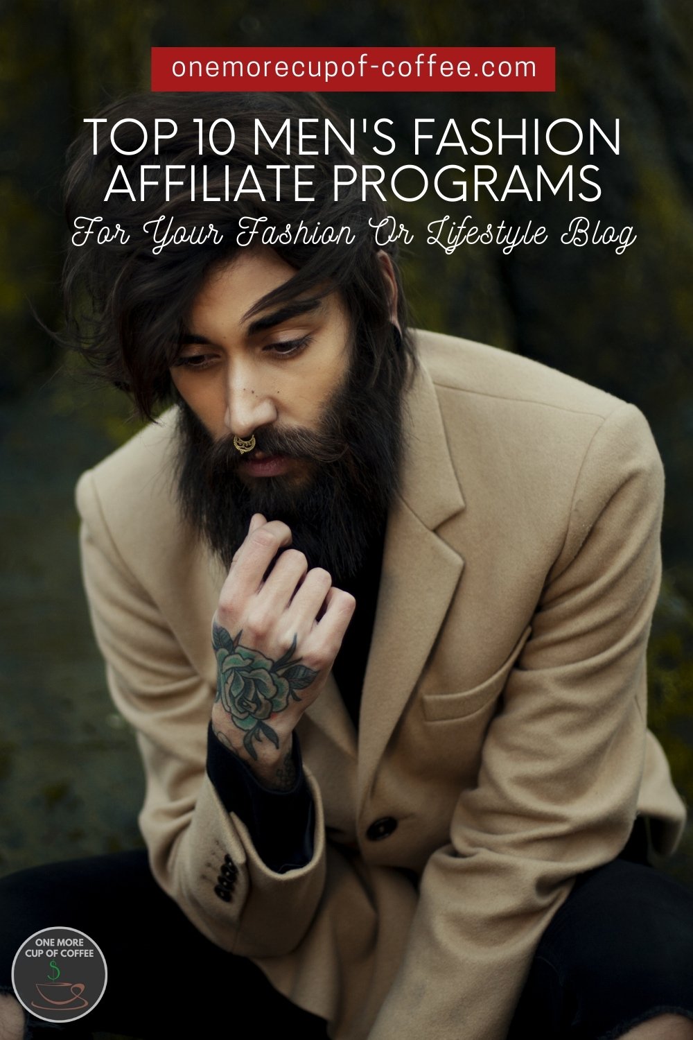 fully bearded male model sporting a brown coat, with text overlay 