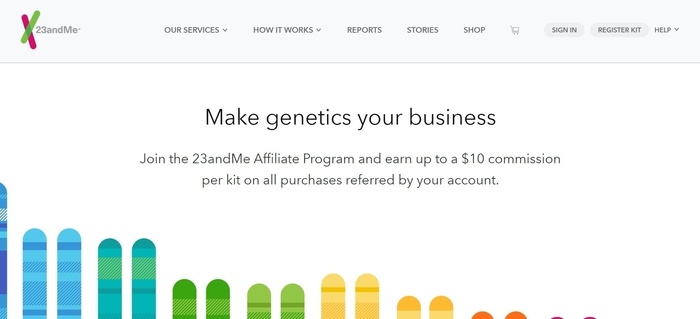 screenshot of the affiliate sign up page for 23andMe