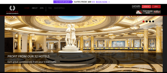 screenshot of the affiliate sign up page for Caesars Entertainment