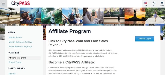 screenshot of the affiliate sign up page for CityPASS